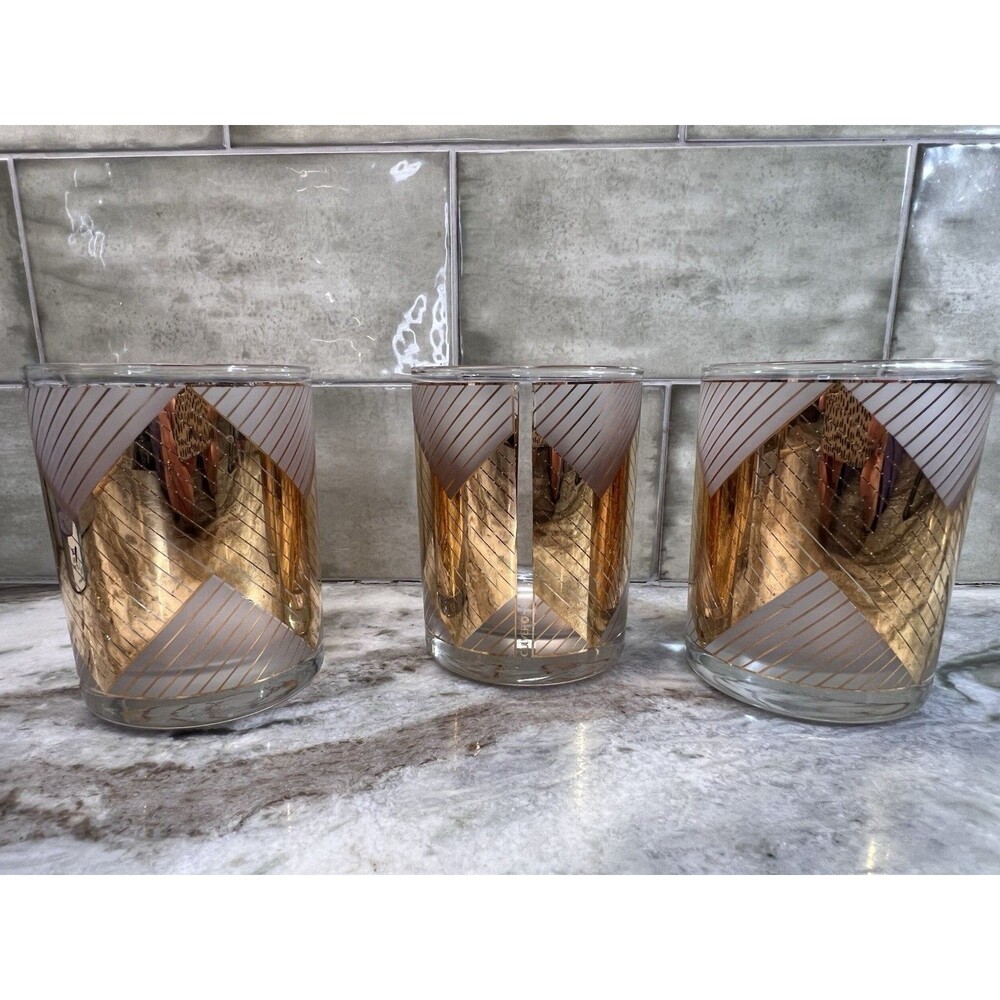 Culver Frosted 22Kt Gold Chevron 3pc Double Old Fashioned Lowballs 1988-96 USA